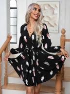 Skinny Feather Printed V neck for Women New 2024 Mini Dress
