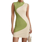 Skinny Knitted Summer Women’s 2024 New Patchwork Sleeveless Slim Elastic High Waist Hip Wrap Mini Dress Apricot / S