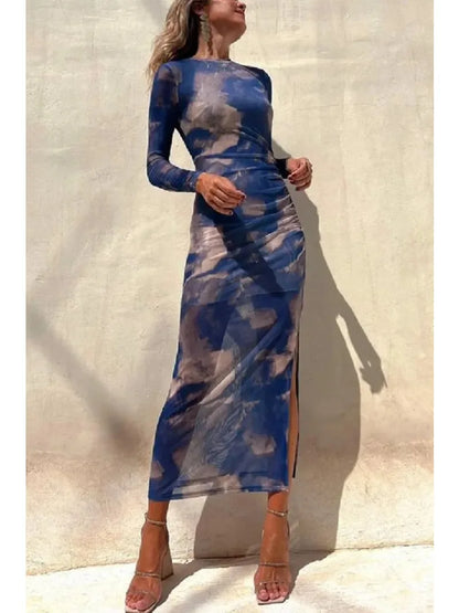 Skinny Mesh Long Sleeve Split Spring/Summer Print Slim Fit Elastic Maxi Dress