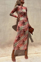 Skinny Mesh Long Sleeve Split Spring/Summer Print Slim Fit Elastic Maxi Dress Pink / S