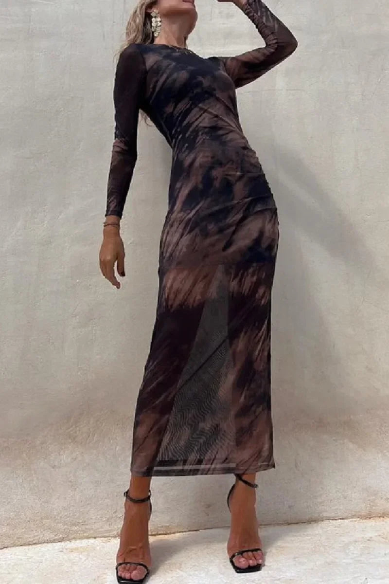 Skinny Mesh Long Sleeve Split Spring/Summer Print Slim Fit Elastic Maxi Dress