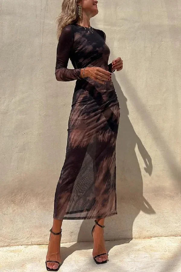 Skinny Mesh Long Sleeve Split Spring/Summer Print Slim Fit Elastic Maxi Dress