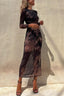 Skinny Mesh Long Sleeve Split Spring/Summer Print Slim Fit Elastic Maxi Dress Black / S