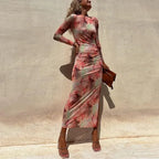 Skinny Mesh Long Sleeve Split Spring/Summer Print Slim Fit Elastic Maxi Dress