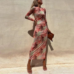Skinny Mesh Long Sleeve Split Spring/Summer Print Slim Fit Elastic Maxi Dress