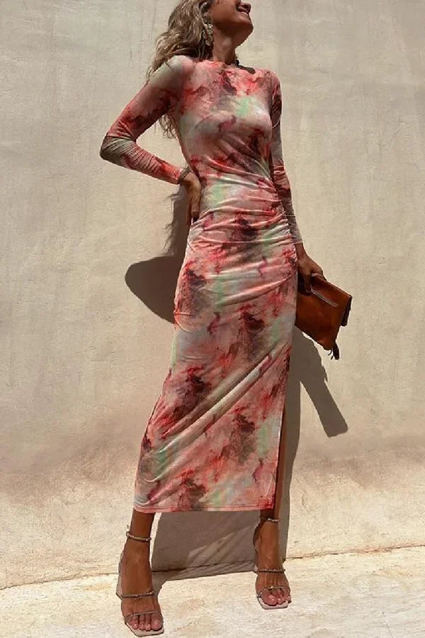 Skinny Mesh Long Sleeve Split Spring/Summer Print Slim Fit Elastic Maxi Dress Pink / S