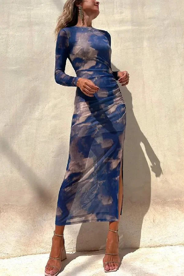 Skinny Mesh Long Sleeve Split Spring/Summer Print Slim Fit Elastic Maxi Dress