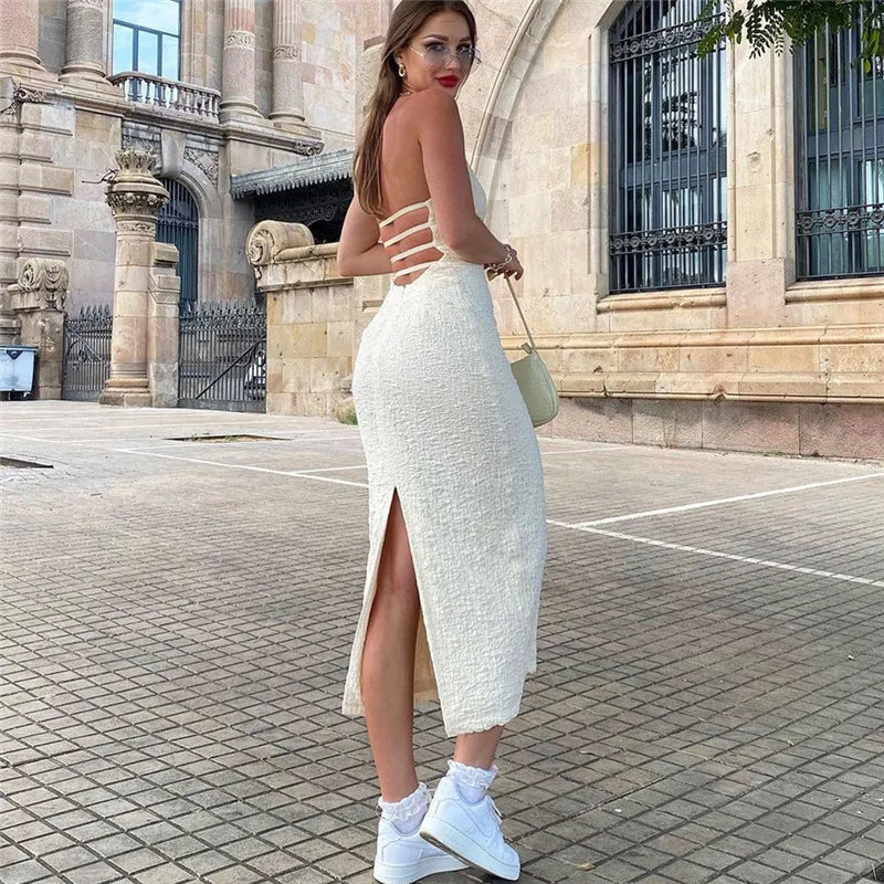 Skinny Sexy Backless Deep V-neck Hollow Split Midi Dress