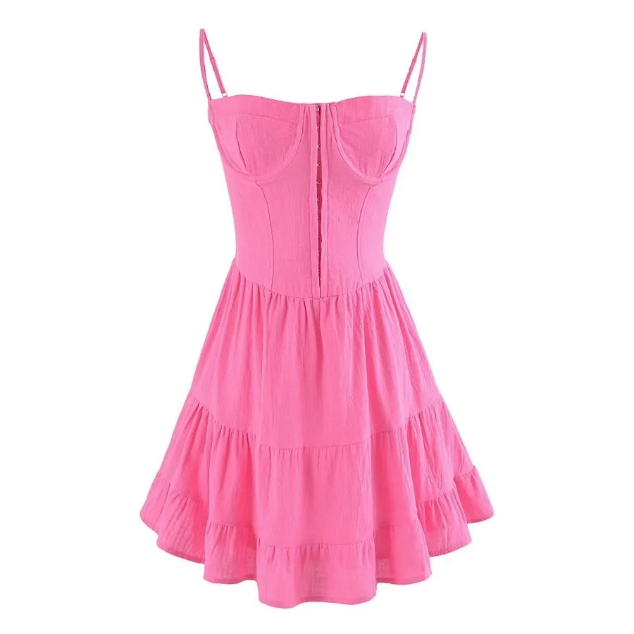 Sexy Deep V neck Striped Women’s 2024 New Waist Lace up Ruffle Edge Skinny Mini Dress Rose Red / S