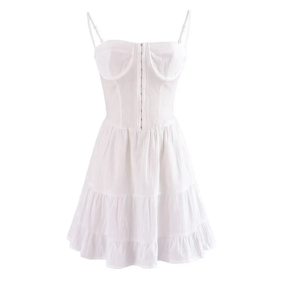 Sexy Deep V neck Striped Women’s 2024 New Waist Lace up Ruffle Edge Skinny Mini Dress creamy white / S