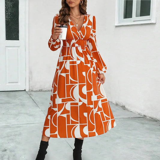 Skinny Summer Women Midi Dress 2024 New V-Neck Full Lantern Sleeve Print High Waist A-line Midi Dress