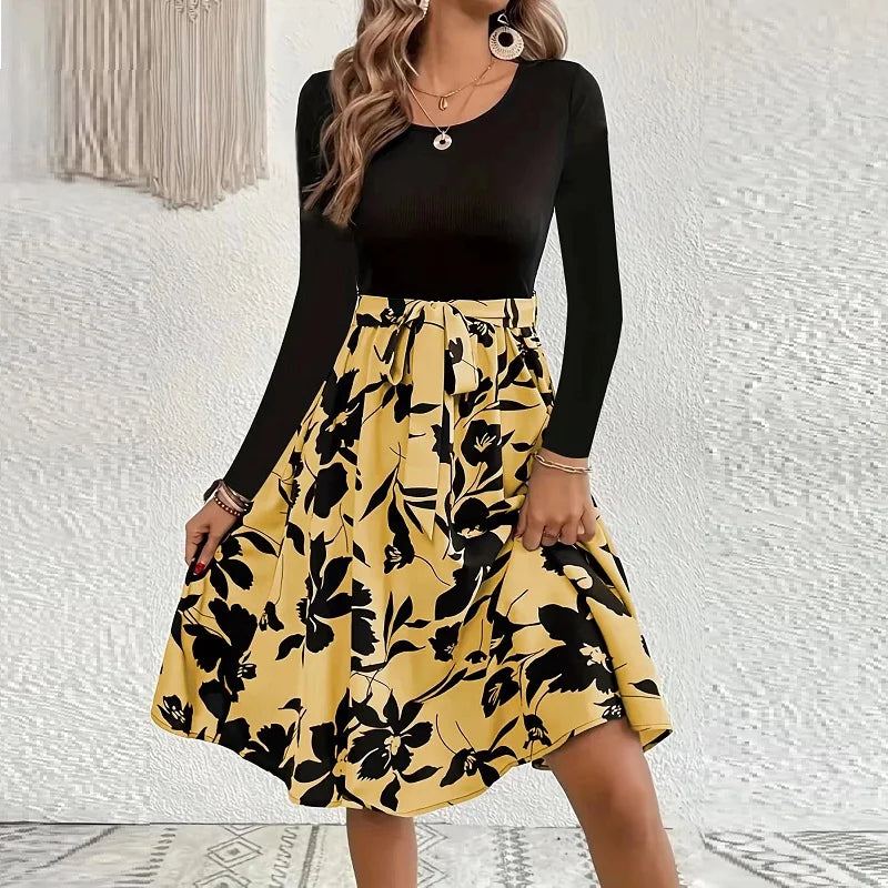 Skinny Elastic High Waisted Floral Print Full Sleeve A-line Midi Dress