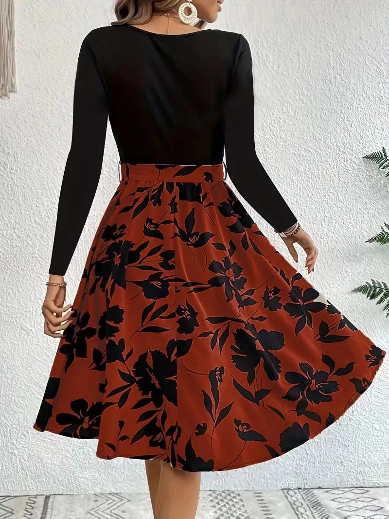 Skinny Elastic High Waisted Floral Print Full Sleeve A-line Midi Dress