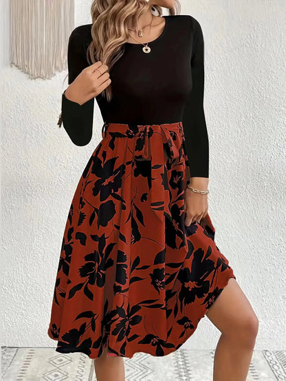 Skinny Elastic High Waisted Floral Print Full Sleeve A-line Midi Dress