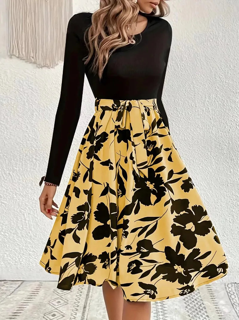 Skinny Elastic High Waisted Floral Print Full Sleeve A-line Midi Dress