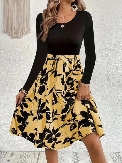 Skinny Elastic High Waisted Floral Print Full Sleeve A-line Midi Dress