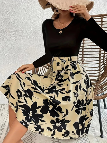 Skinny Elastic High Waisted Floral Print Full Sleeve A-line Midi Dress