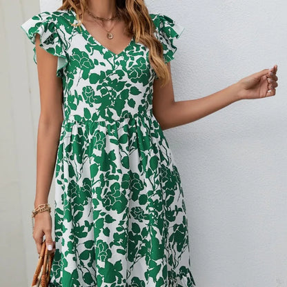 Skinny Floral Prints Summer Women's 2024 New Leaf Short Flying Sleeve Mini Dress