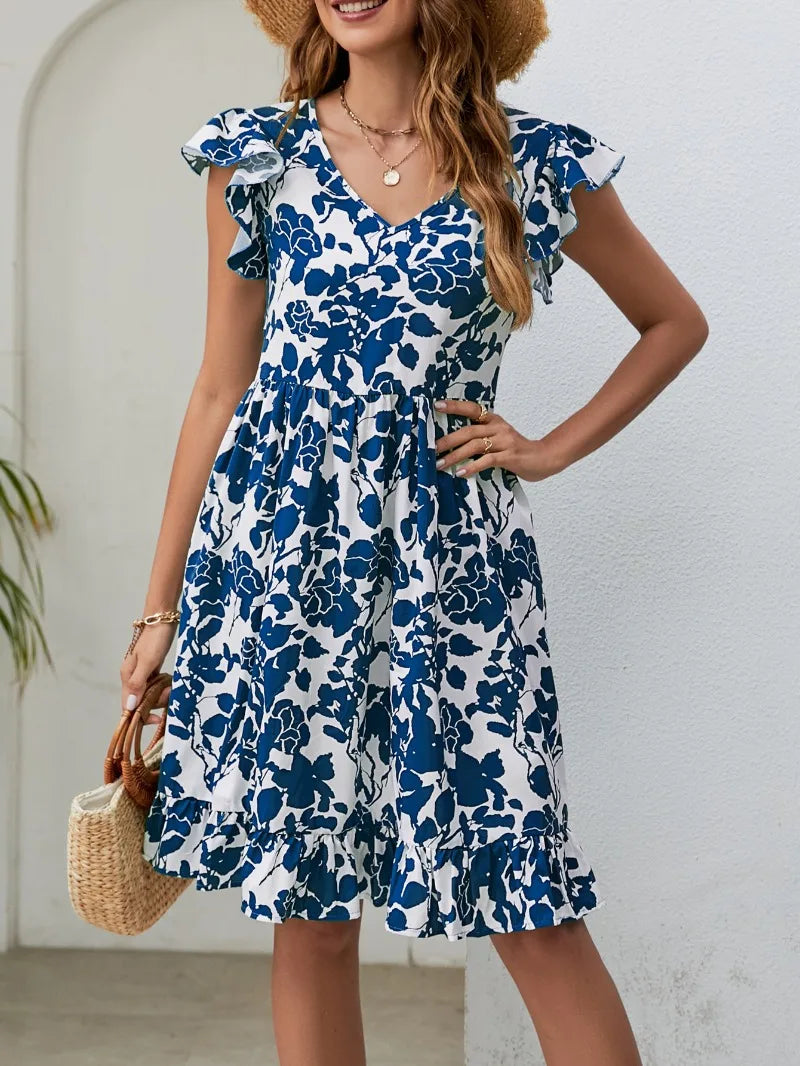 Skinny Floral Prints Summer Women's 2024 New Leaf Short Flying Sleeve Mini Dress