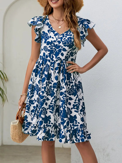 Skinny Floral Prints Summer Women's 2024 New Leaf Short Flying Sleeve Mini Dress