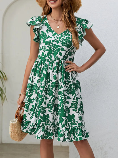 Skinny Floral Prints Summer Women's 2024 New Leaf Short Flying Sleeve Mini Dress