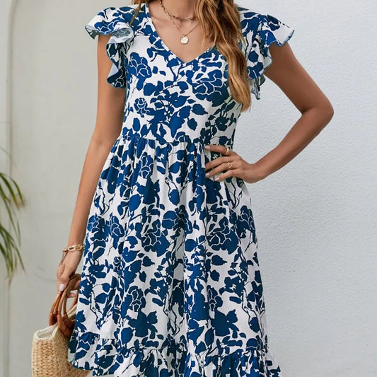 Skinny Floral Prints Summer Women's 2024 New Leaf Short Flying Sleeve Mini Dress