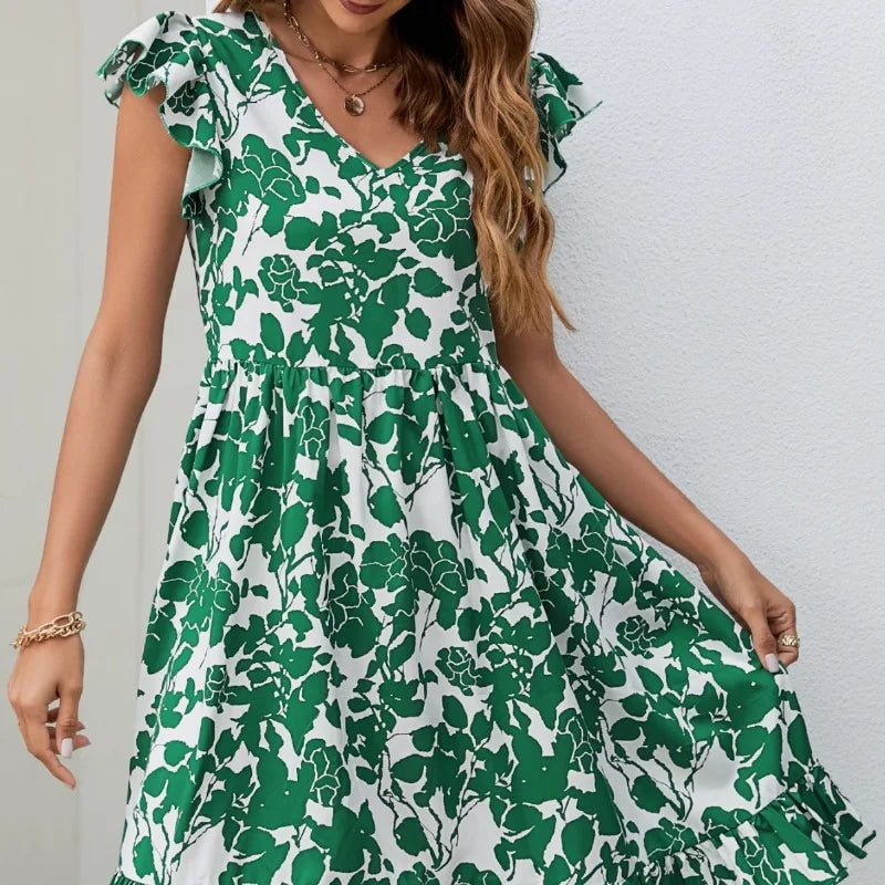 Skinny Floral Prints Summer Women's 2024 New Leaf Short Flying Sleeve Mini Dress