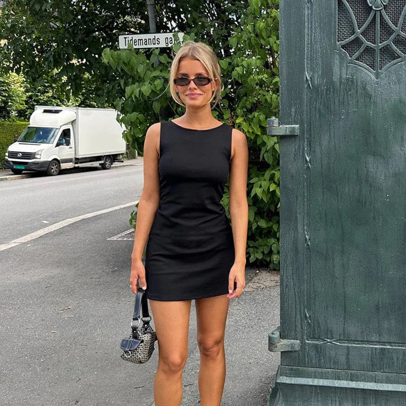 Solid Basic O neck Sleeveless Bodycon Summer 2024 Female Casual Slim Holidays Party Mini Dress Black / S