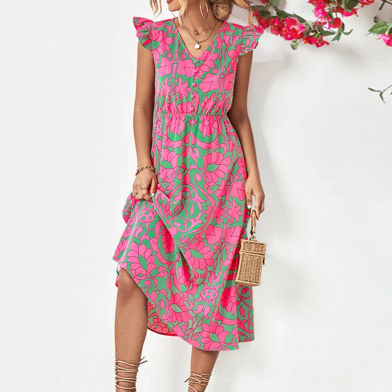 Summer Beach Long Boho Ruffle A-line Vintage Midi Dress