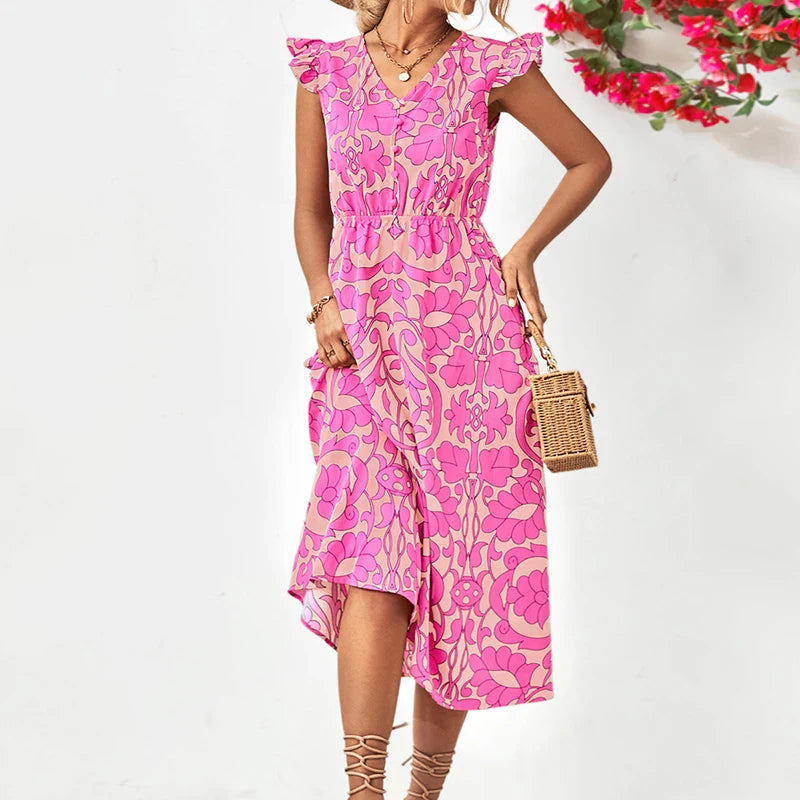 Summer Beach Long Boho Ruffle A-line Vintage Midi Dress