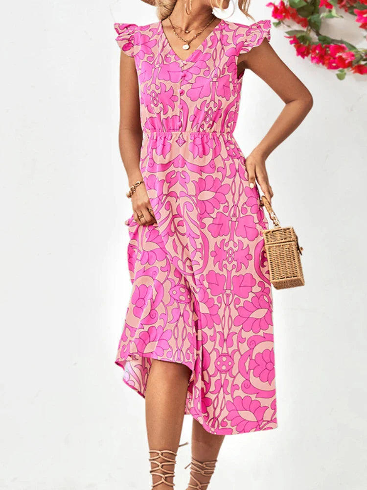 Summer Beach Long Boho Ruffle A-line Vintage Midi Dress