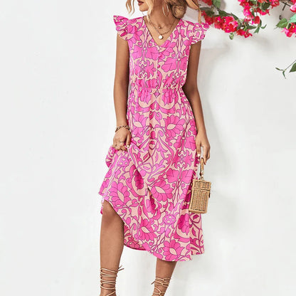 Summer Beach Long Boho Ruffle A-line Vintage Midi Dress