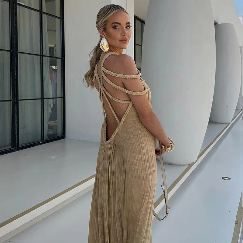 Summer Elegant Off Shoulder Lace Up Backless Maxi Dress