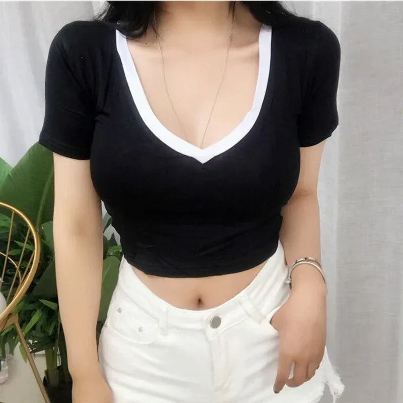 Solid V Neck Sexy Crop Tops Casual Short Sleeve Tee Black / S