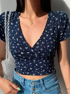 Slimming High Waist Wild Women’s Top Short Sleeve Tee Navy / S