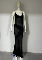 Summer Knit Backless See Through Sexy Sleeveless Bodycon Beach Party Cover Up Maxi Dress Black / S