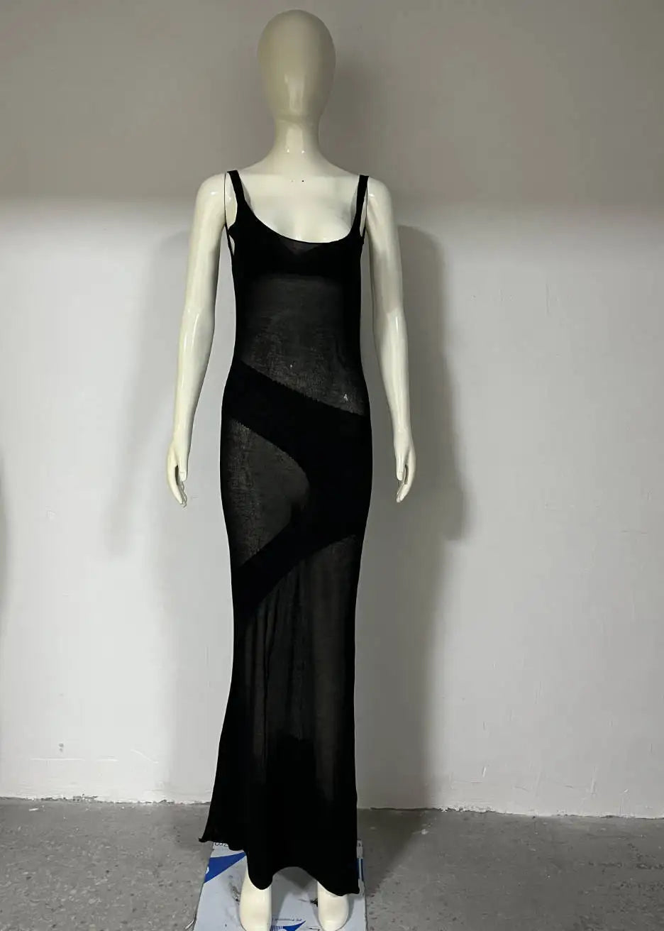 Summer Knit Backless See Through Sexy Sleeveless Bodycon Beach Party Cover Up Maxi Dress Black / S