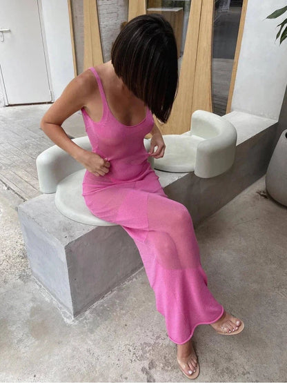 Summer Knit Backless See Through Sexy Sleeveless Bodycon Beach Party Cover Up Maxi Dress