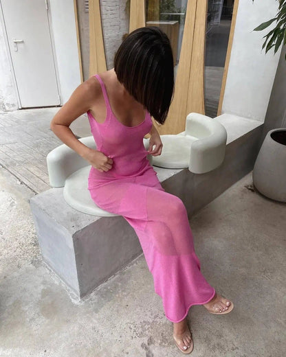 Summer Knit Backless See Through Sexy Sleeveless Bodycon Beach Party Cover Up Maxi Dress