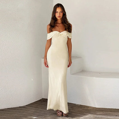 Summer Sexy Slash Neck Elegant Fashion Off Shoulder Short Sleeve Bodycon Club Maxi Dress