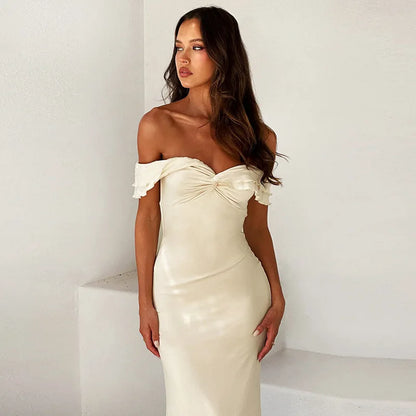 Summer Sexy Slash Neck Elegant Fashion Off Shoulder Short Sleeve Bodycon Club Maxi Dress