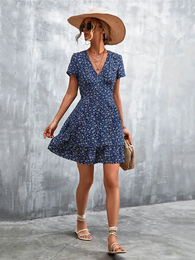 Summer Short Boho V Neck Floral Party Bohemian Flower Mini A Line Dress Main image