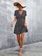 Summer Short Boho V Neck Floral Party Bohemian Flower Mini A Line Dress Black floral / S