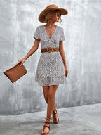 Summer Short Boho V Neck Floral Party Bohemian Flower Mini A Line Dress WHITE / S