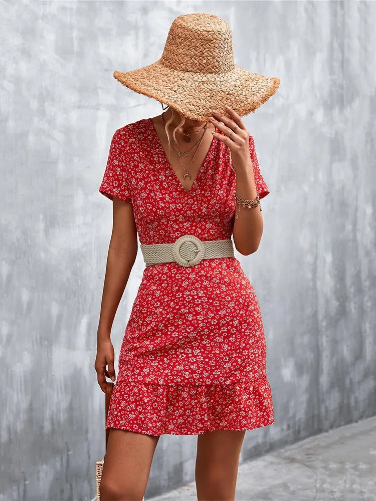 Summer Short Boho V Neck Floral Party Bohemian Flower Mini A Line Dress