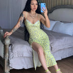 Vintage Boho Split Thigh Sleeveless Floral Print A Line Beach Midi Dress