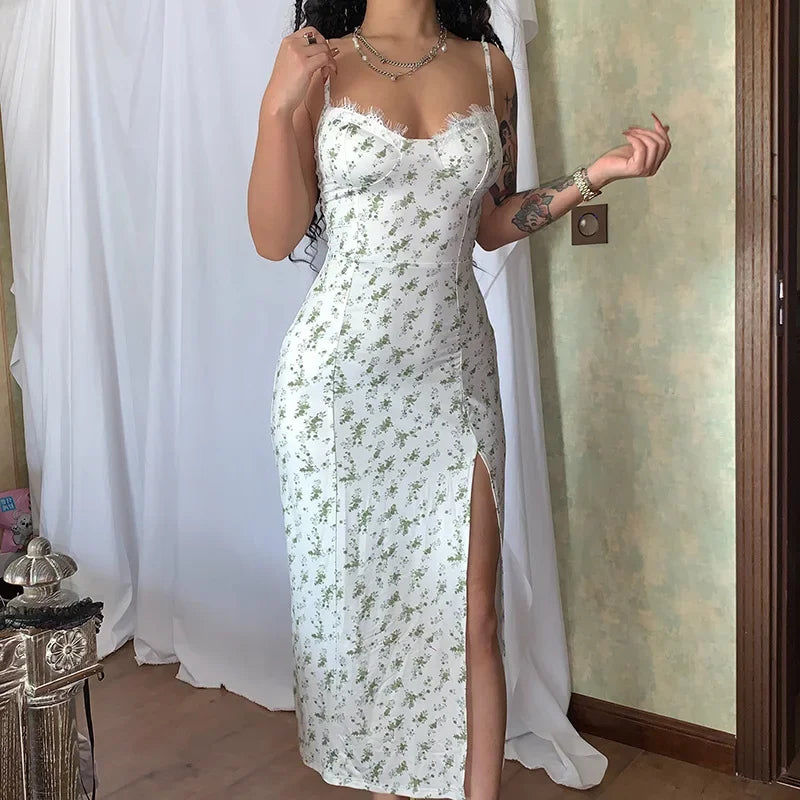 Vintage Boho Split Thigh Sleeveless Floral Print A Line Beach Midi Dress Green / S