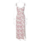 Vintage Boho Split Thigh Sleeveless Floral Print A Line Beach Midi Dress