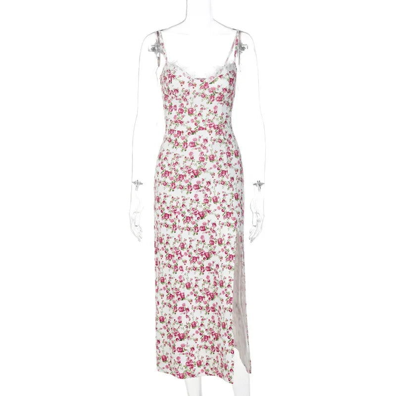 Vintage Boho Split Thigh Sleeveless Floral Print A Line Beach Midi Dress