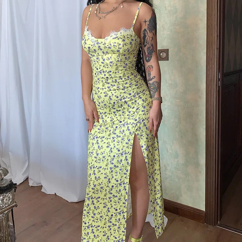 Vintage Boho Split Thigh Sleeveless Floral Print A Line Beach Midi Dress Yellow / S